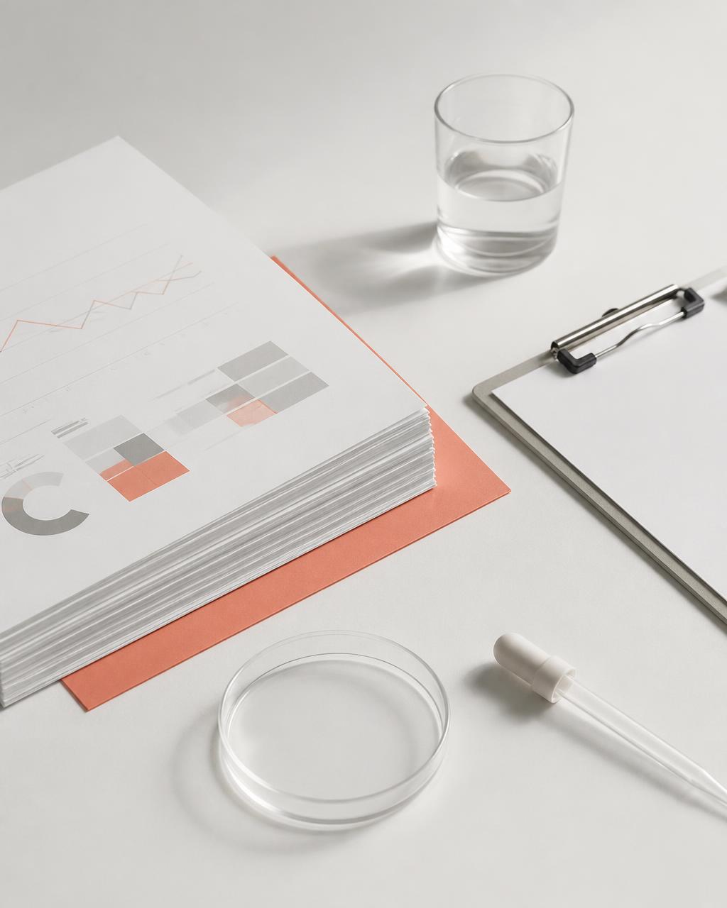 Printed study documents and a clipboard on a pale surface