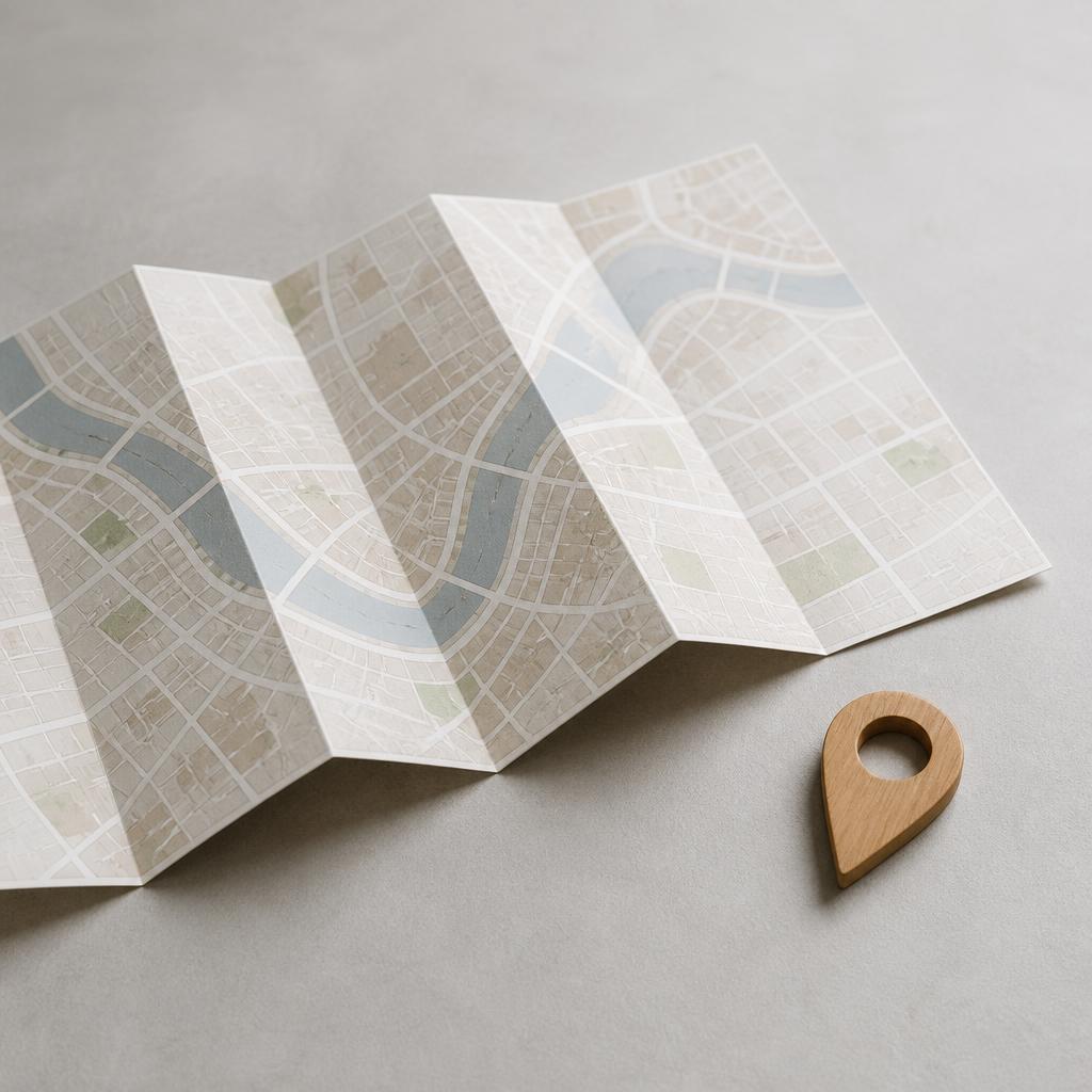 A folded paper city map beside a wooden location marker