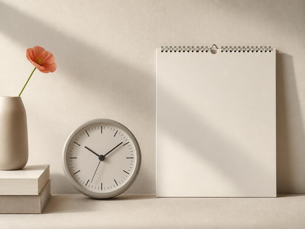 A blank wall calendar and analog clock in soft daylight